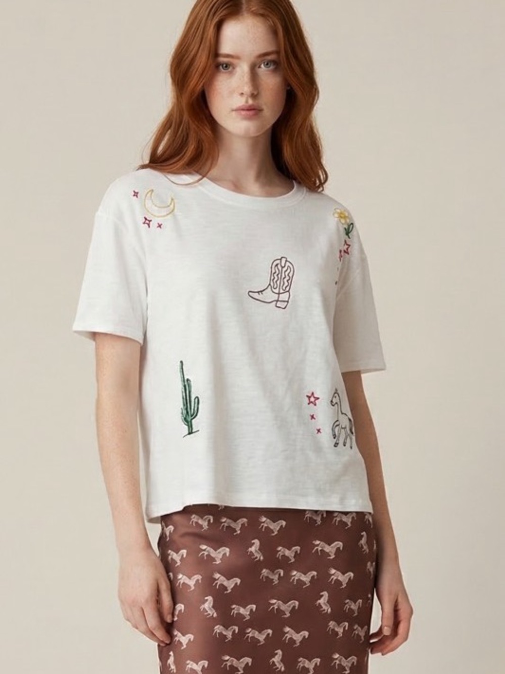 Embroidered White Cotton Tee with Western Motifs